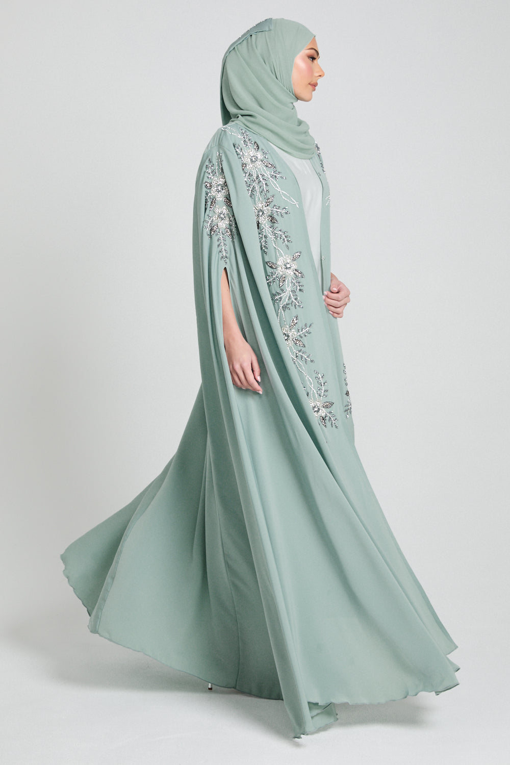 Luxury Floral Embellished Cape - Minted Sage