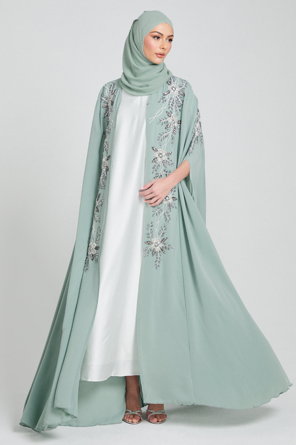 Luxury Floral Embellished Cape - Minted Sage