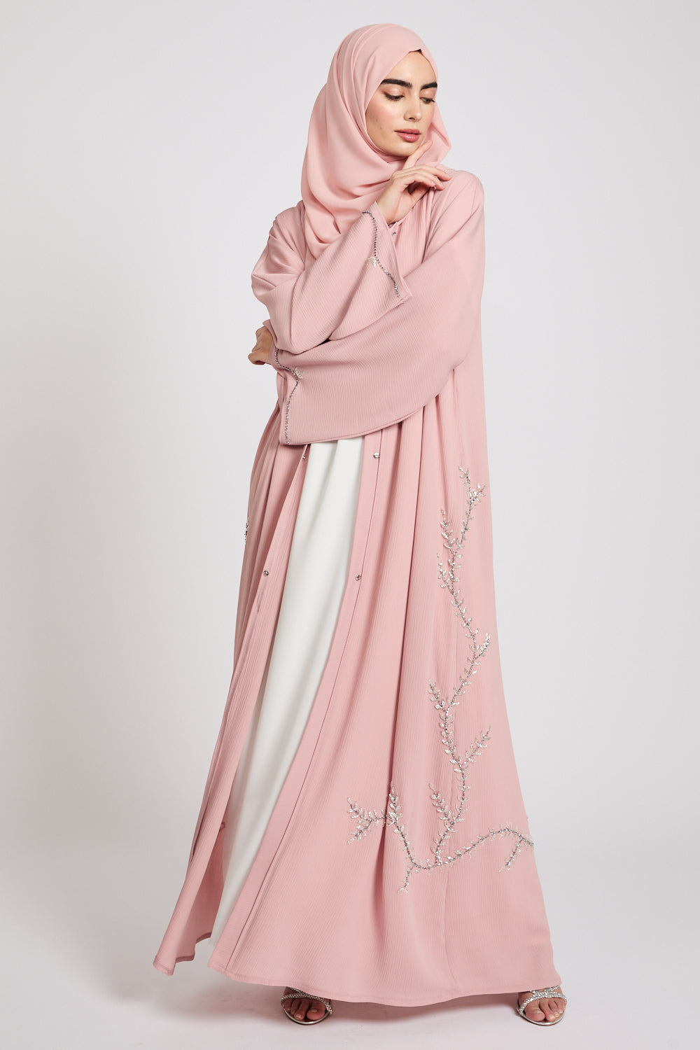 Premium Textured Floral Cascading Embellished Open Abaya - Blush