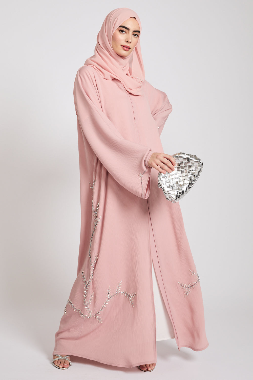 Premium Textured Floral Cascading Embellished Open Abaya - Blush