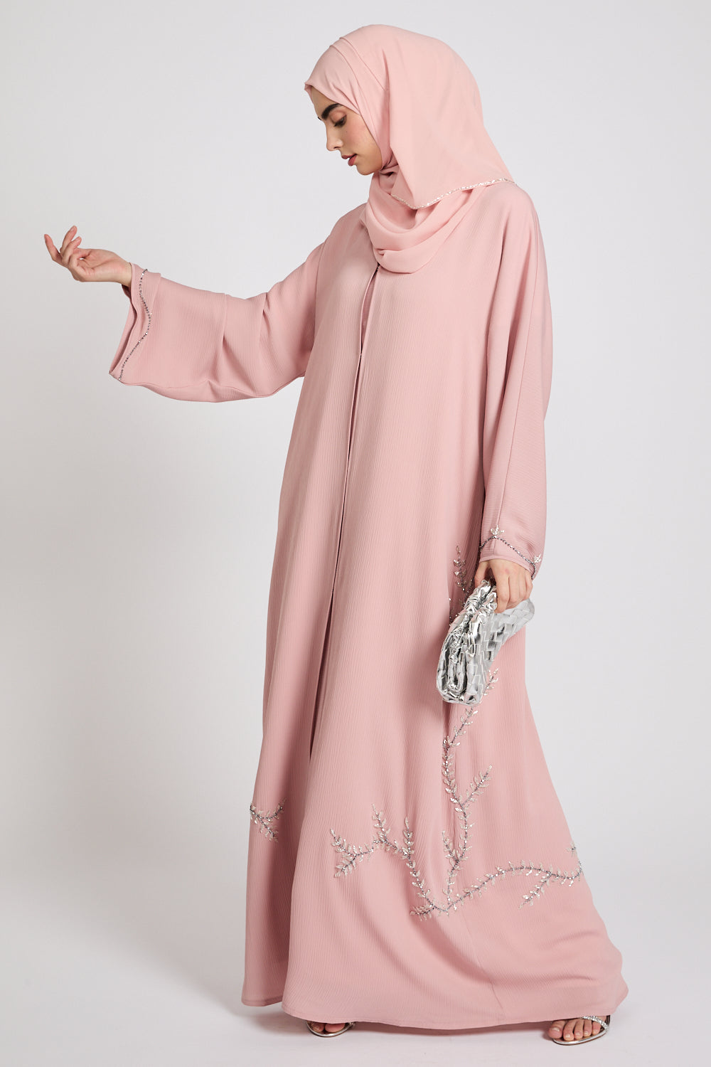 Premium Textured Floral Cascading Embellished Open Abaya - Blush