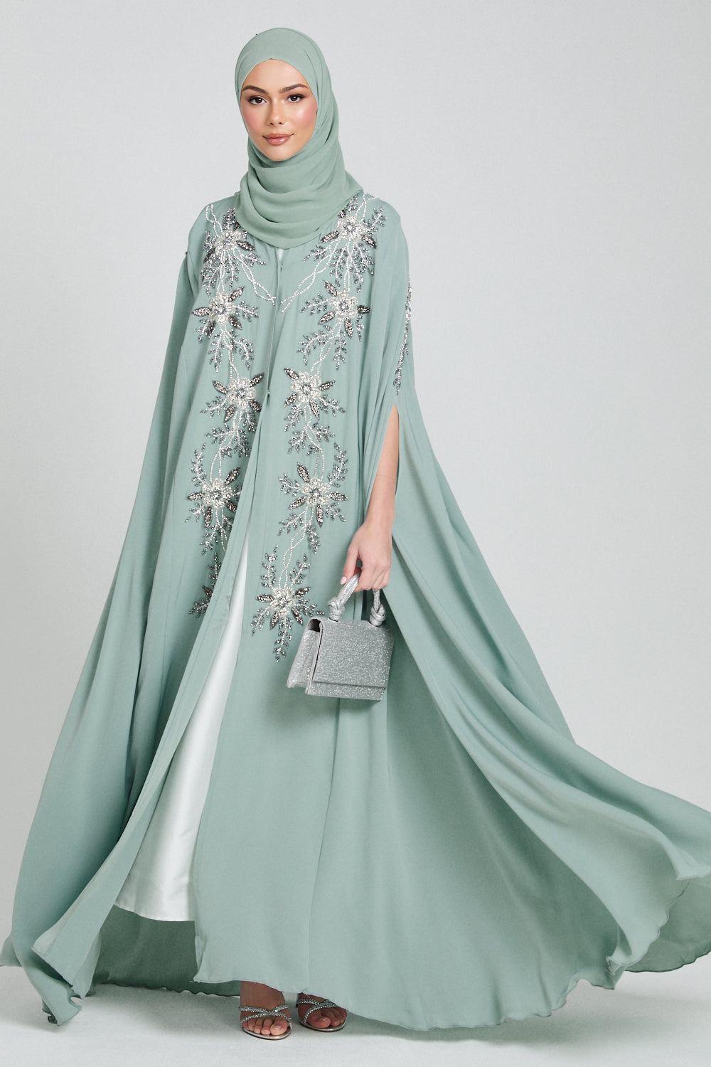 Luxury Floral Embellished Cape - Minted Sage