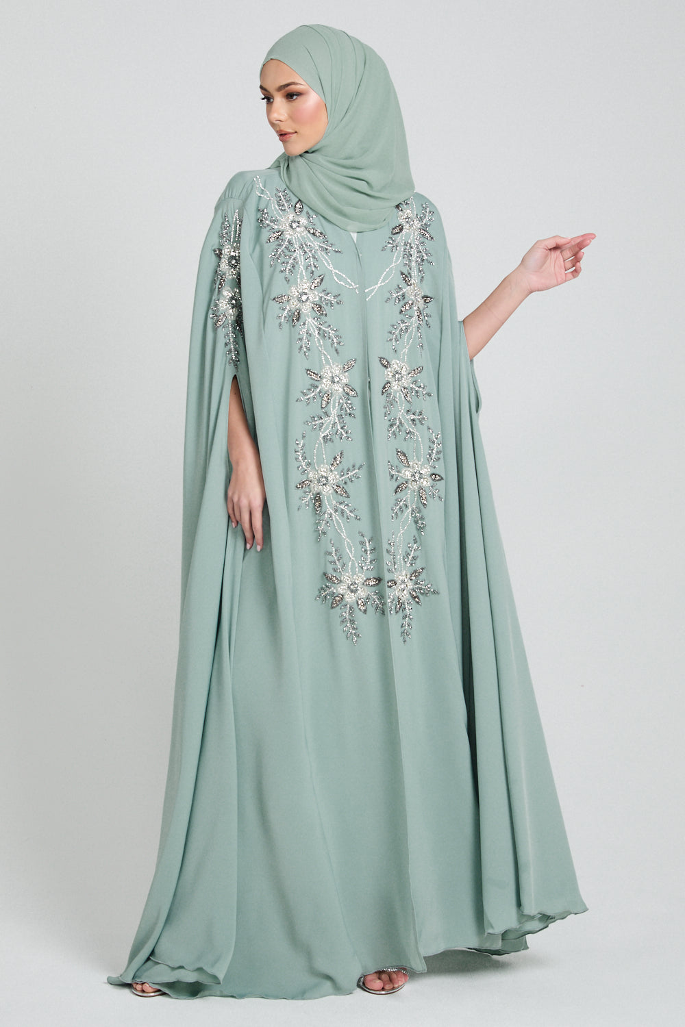 Luxury Floral Embellished Cape - Minted Sage