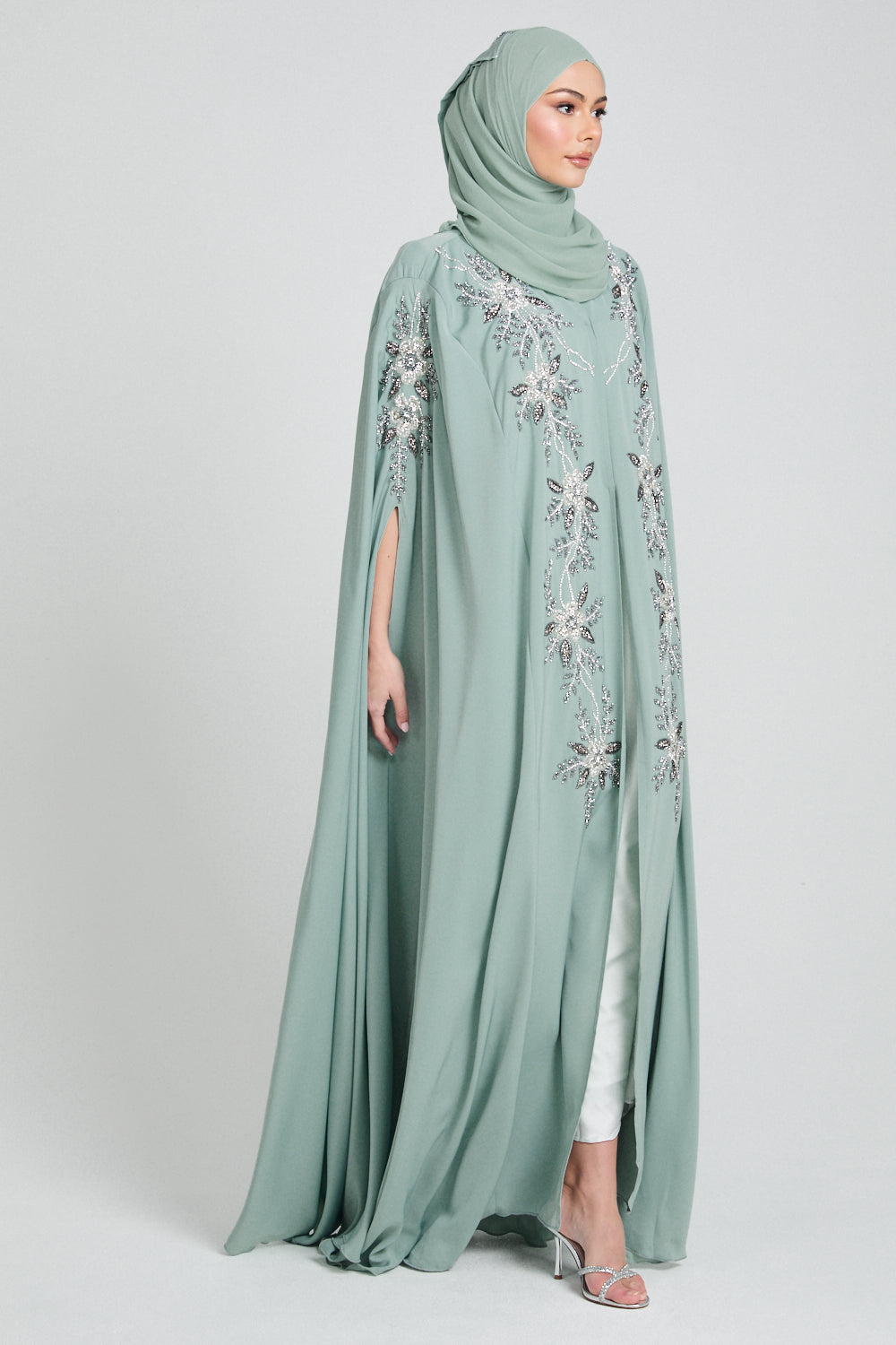 Luxury Floral Embellished Cape - Minted Sage