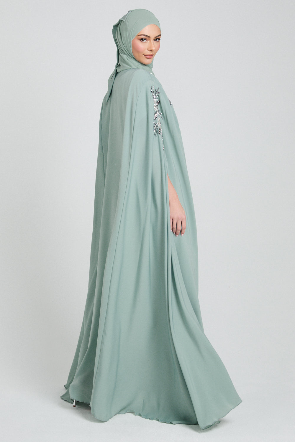 Luxury Floral Embellished Cape - Minted Sage