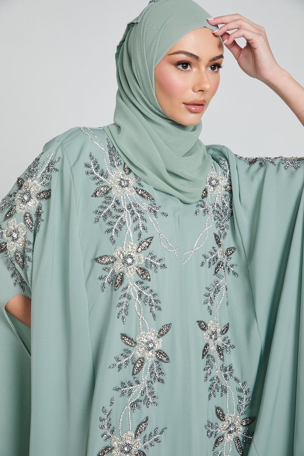 Luxury Floral Embellished Cape - Minted Sage