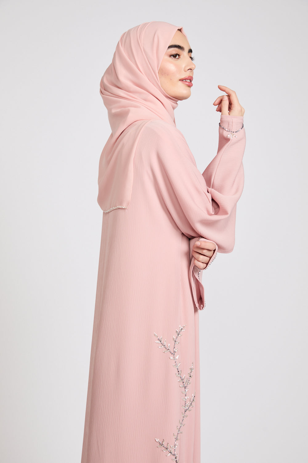 Premium Textured Floral Cascading Embellished Open Abaya - Blush