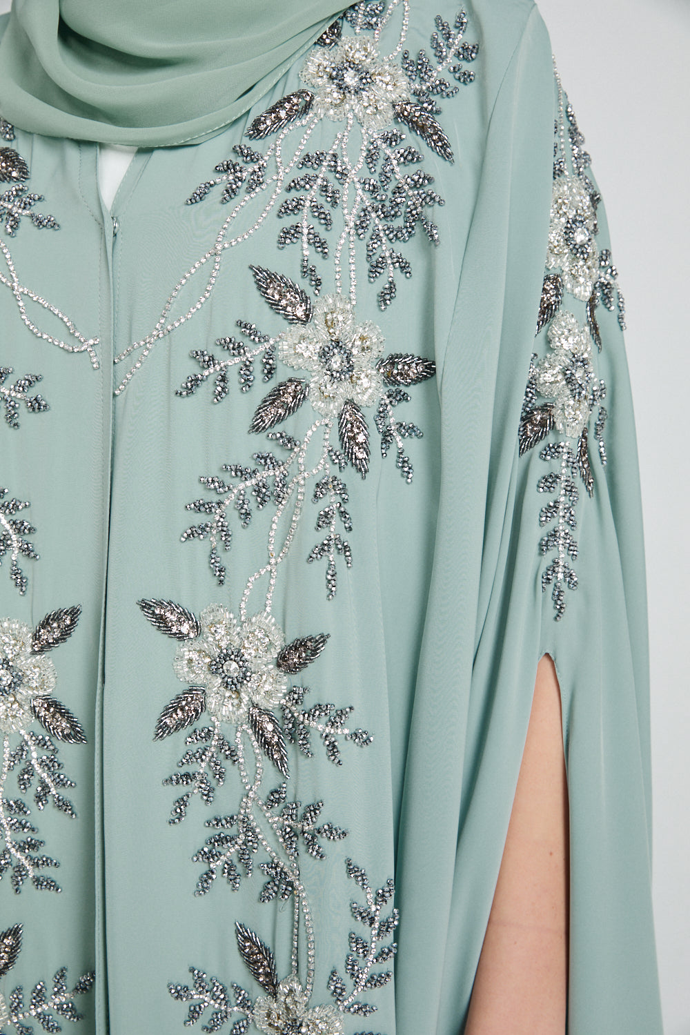 Luxury Floral Embellished Cape - Minted Sage