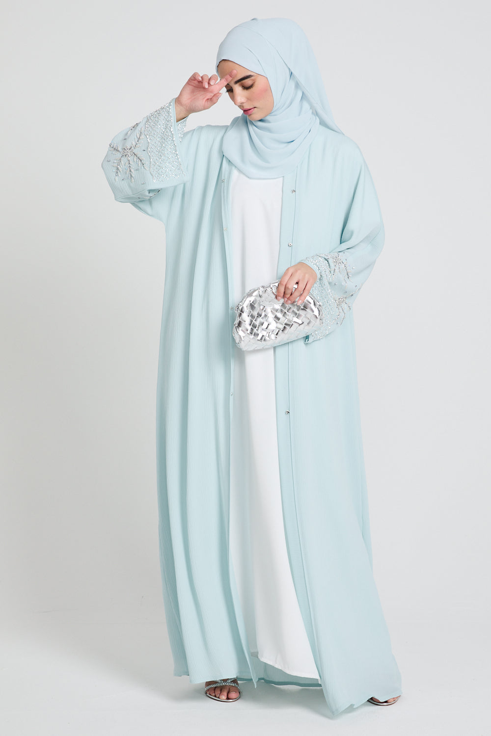 Premium Textured Embellished Cuff Open Abaya - Tiffany Blue