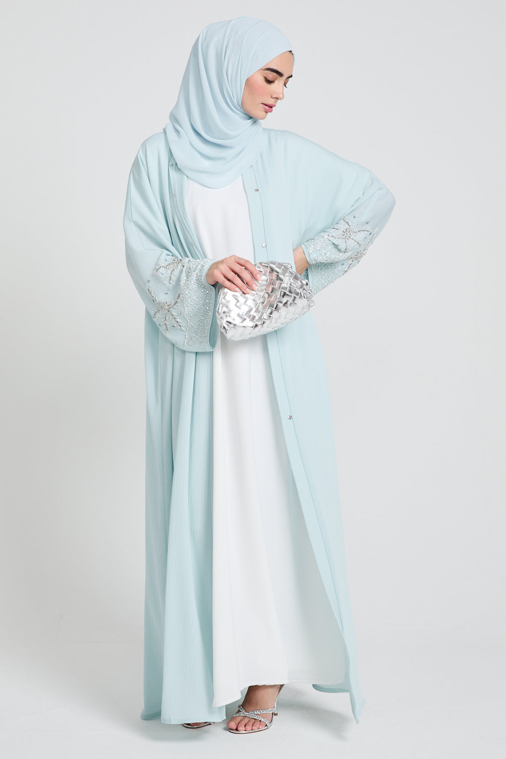 Premium Textured Embellished Cuff Open Abaya - Tiffany Blue