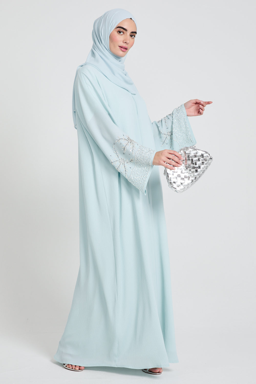 Premium Textured Embellished Cuff Open Abaya - Tiffany Blue