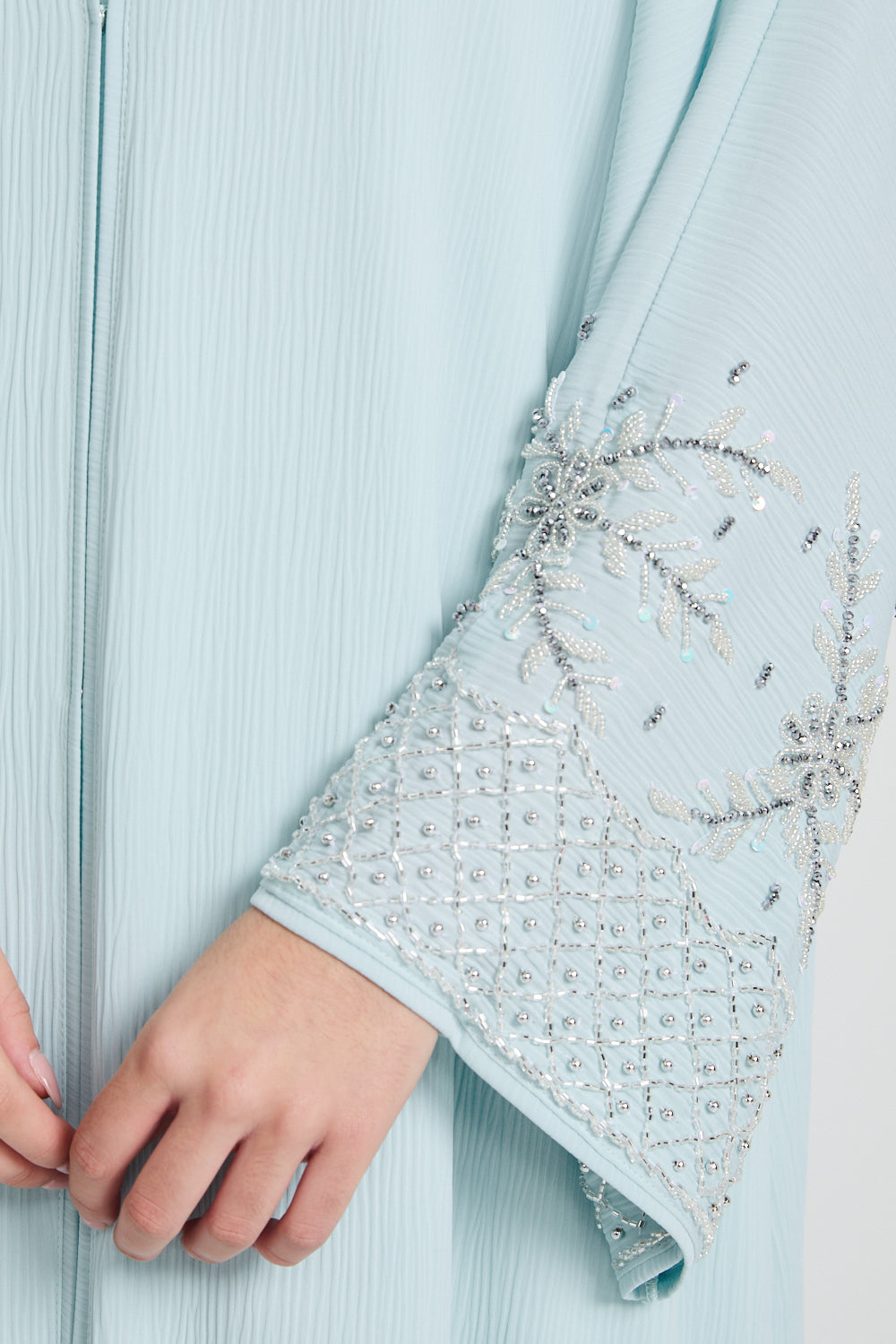 Premium Textured Embellished Cuff Open Abaya - Tiffany Blue