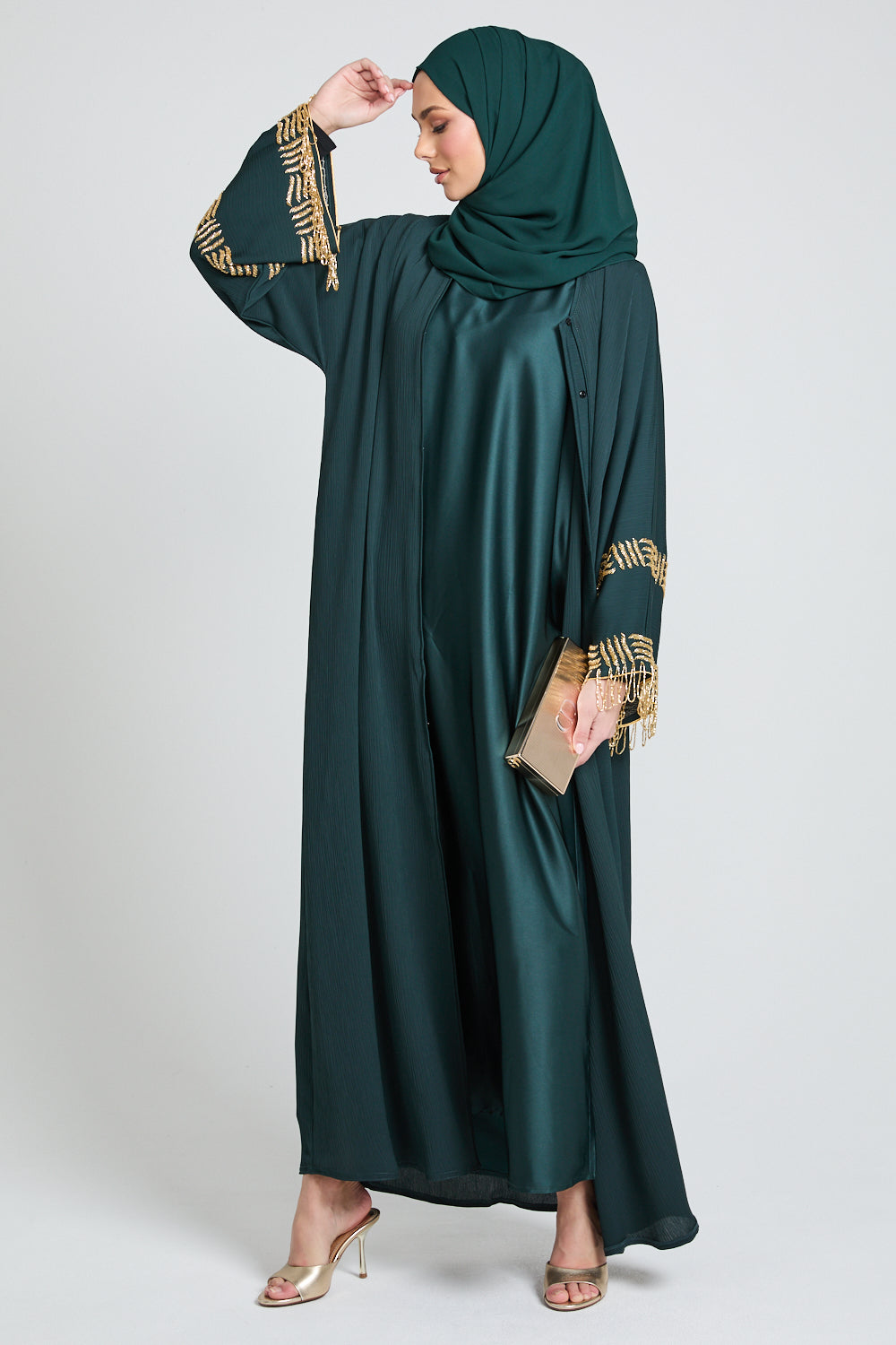 Premium Textured Regal Tassel Embellished Cuff Open Abaya - Emerald Noir