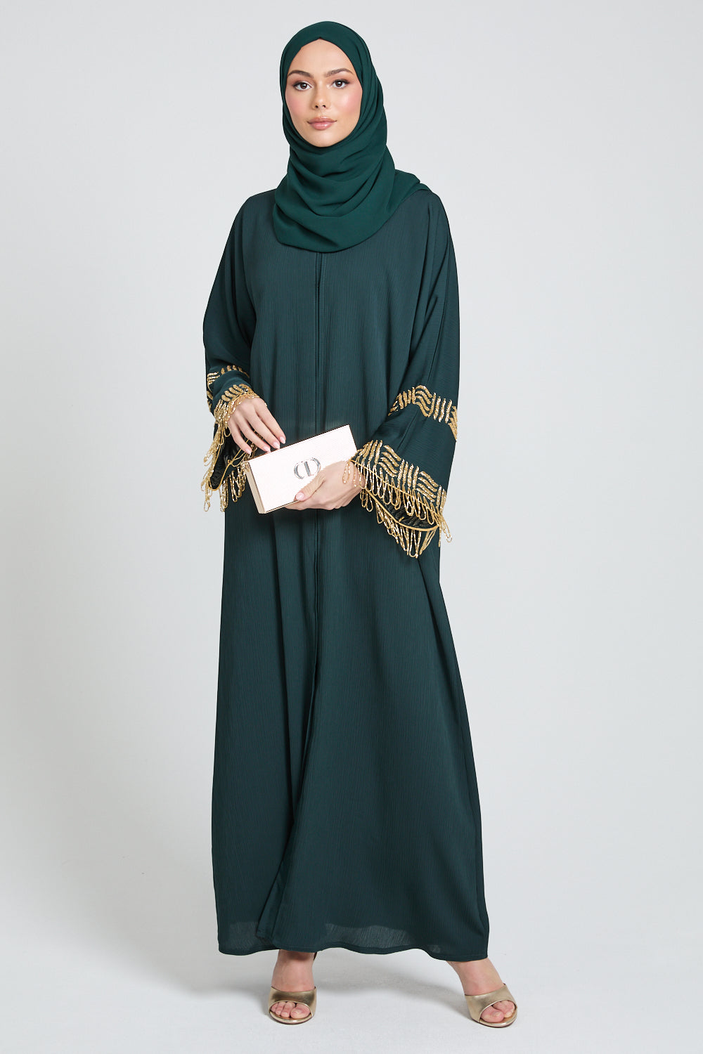 Premium Textured Regal Tassel Embellished Cuff Open Abaya - Emerald Noir