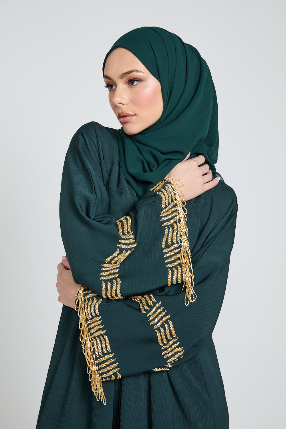 Premium Textured Regal Tassel Embellished Cuff Open Abaya - Emerald Noir