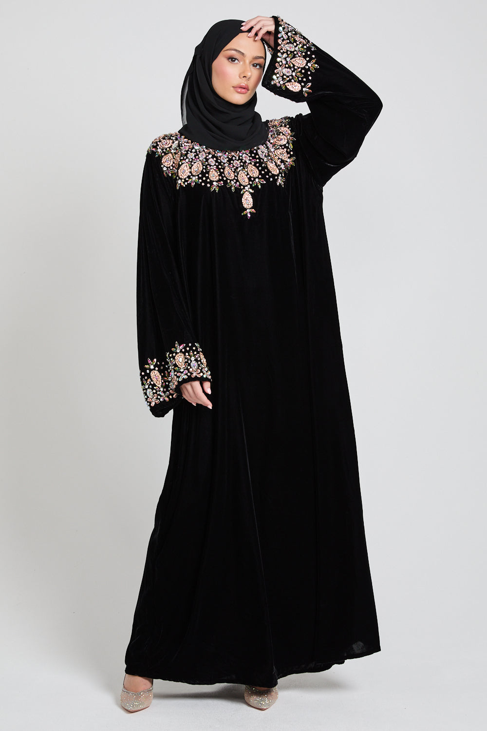 Luxury Velvet Closed Abaya with Floral Motif Embellishments - Black