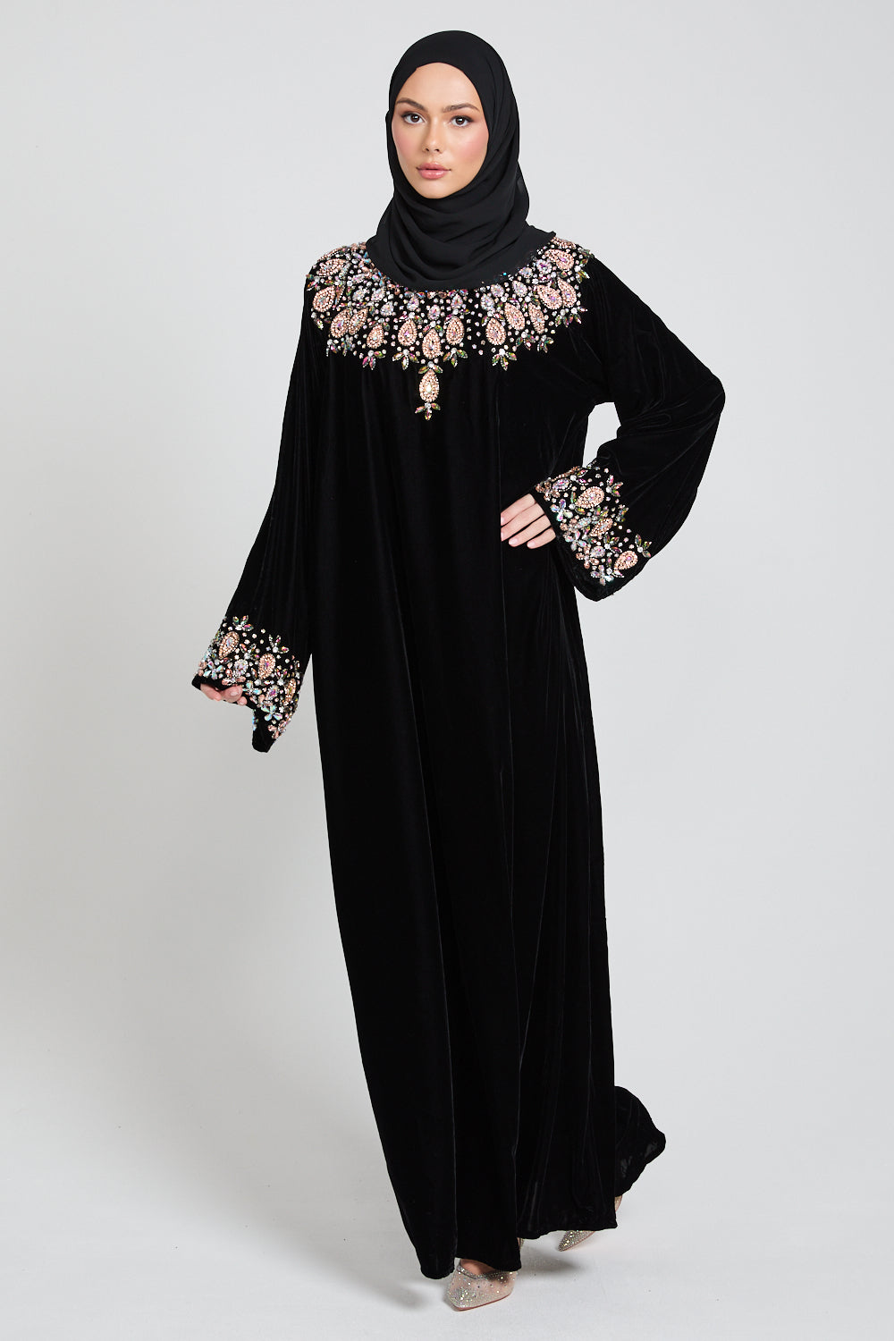 Luxury Velvet Closed Abaya with Floral Motif Embellishments - Black