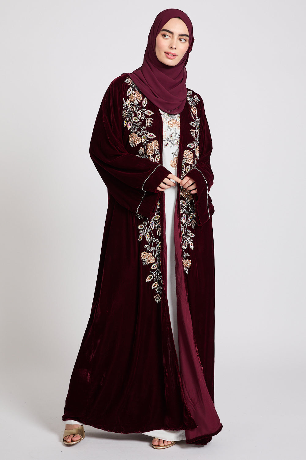 Luxury Four Piece Velvet Embellished Open Abaya Set - Burgundy Rose