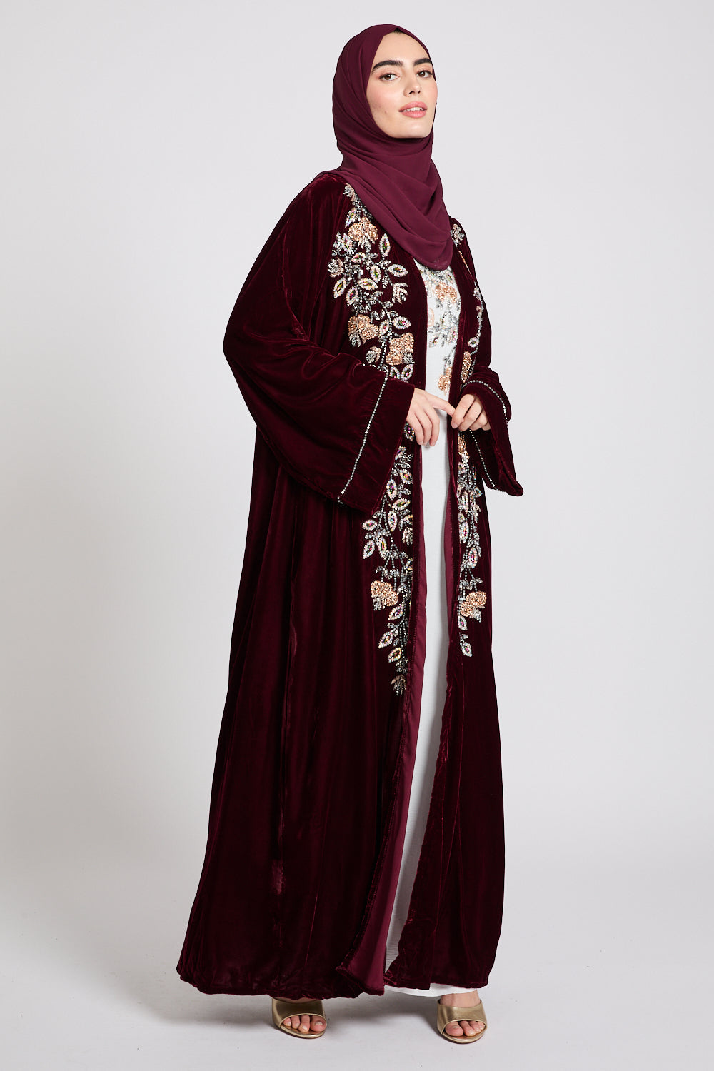 Luxury Four Piece Velvet Embellished Open Abaya Set - Burgundy Rose