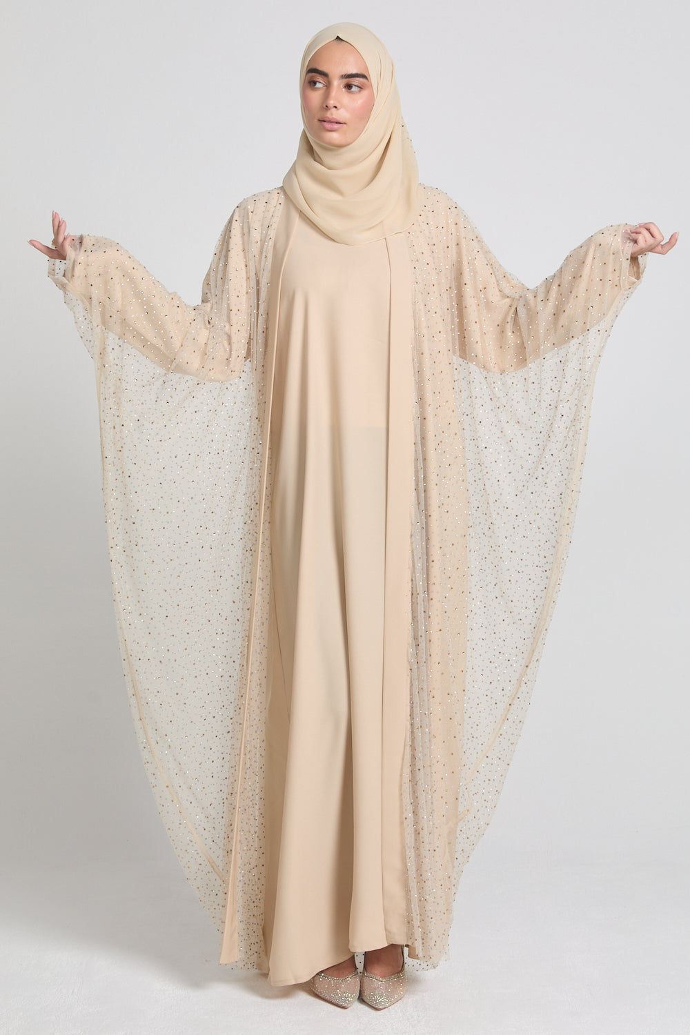 Luxury Three Piece Celestial Stardust Open Abaya Set - Moonlit Sand
