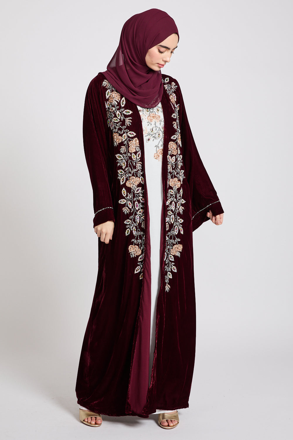 Luxury Four Piece Velvet Embellished Open Abaya Set - Burgundy Rose