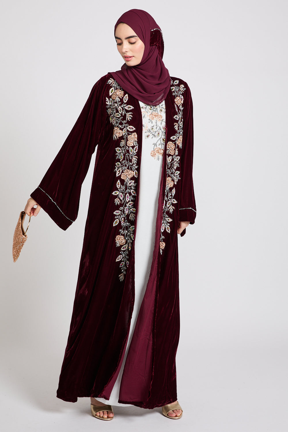 Luxury Four Piece Velvet Embellished Open Abaya Set - Burgundy Rose