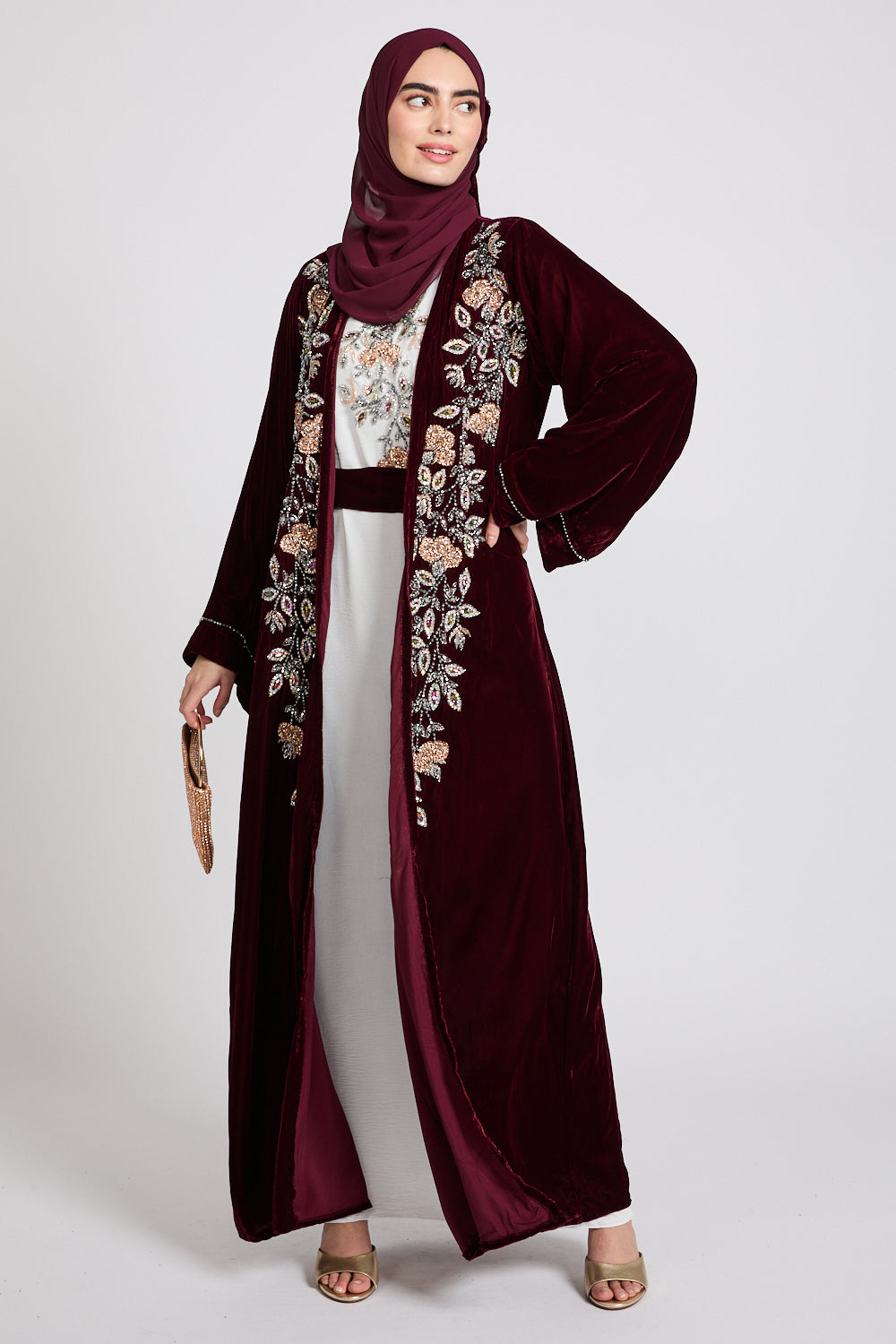 Luxury Four Piece Velvet Embellished Open Abaya Set - Burgundy Rose