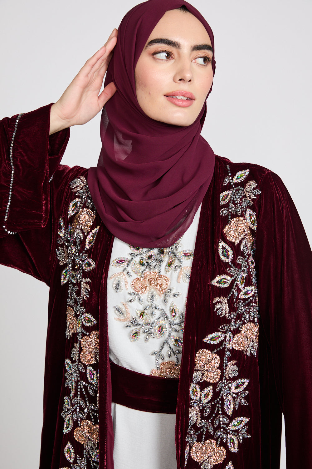 Luxury Four Piece Velvet Embellished Open Abaya Set - Burgundy Rose