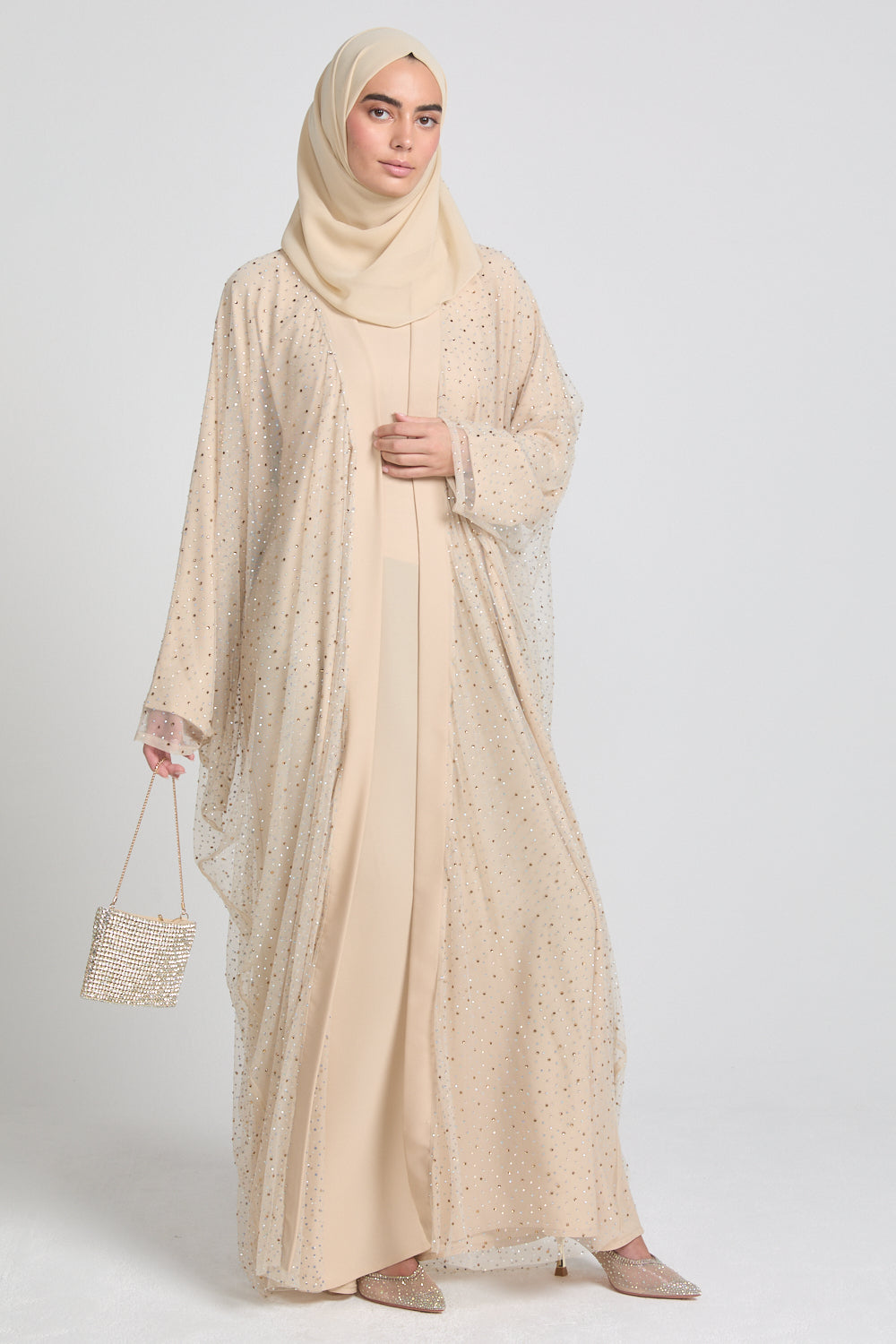 Luxury Three Piece Celestial Stardust Open Abaya Set - Moonlit Sand