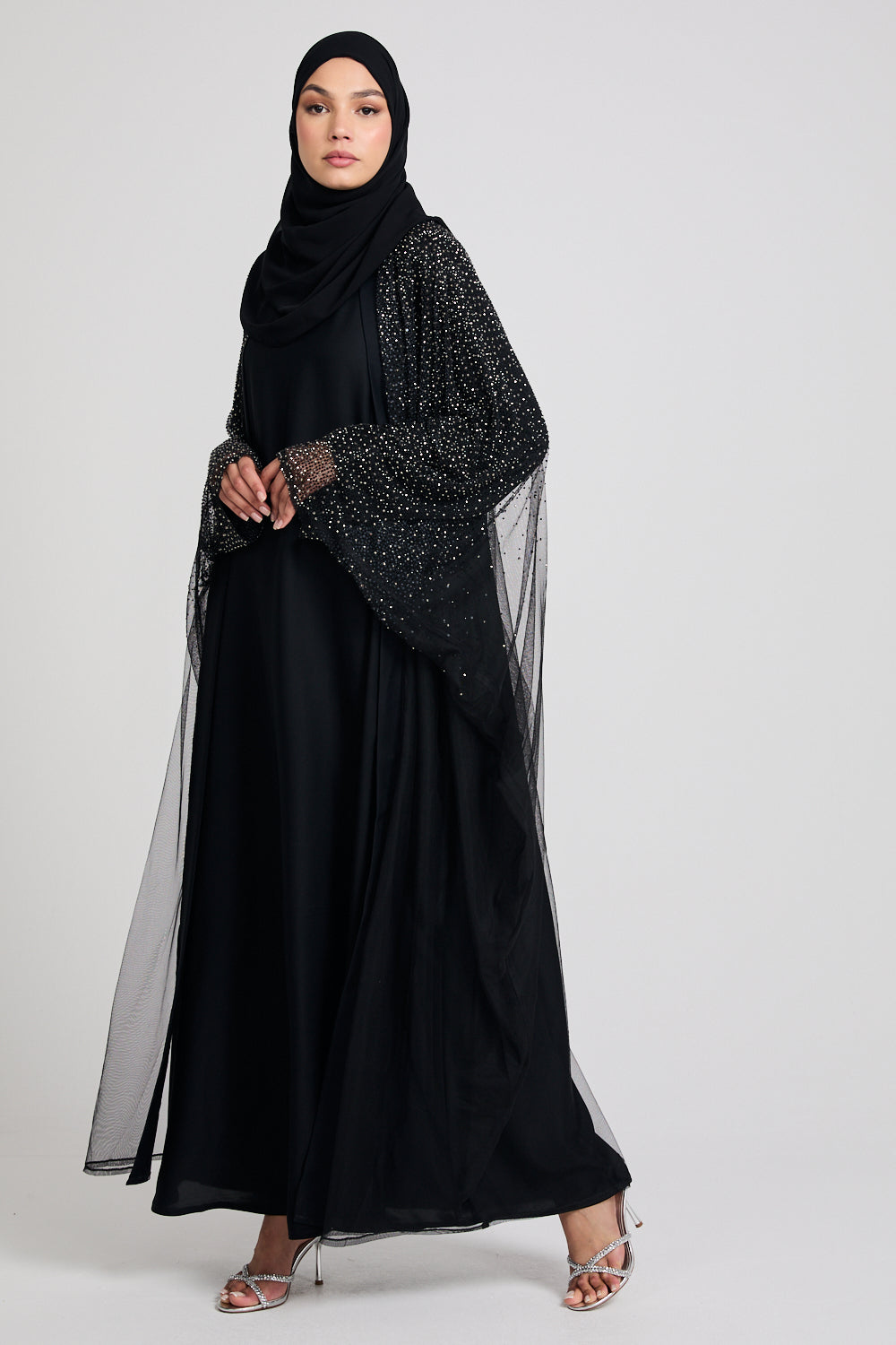 Luxury Three Piece Celestial Stardust Open Abaya Set - Black