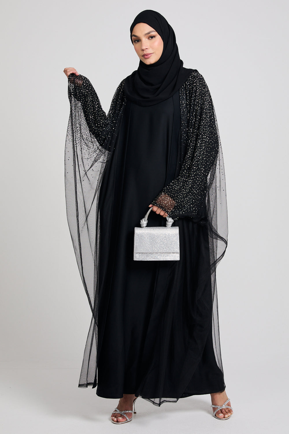 Luxury Three Piece Celestial Stardust Open Abaya Set - Black