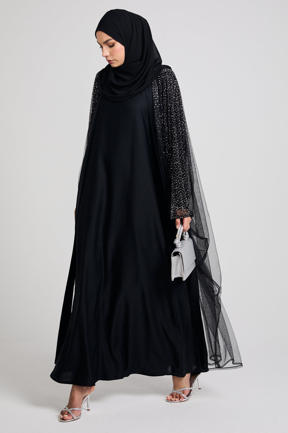 Luxury Three Piece Celestial Stardust Open Abaya Set - Black