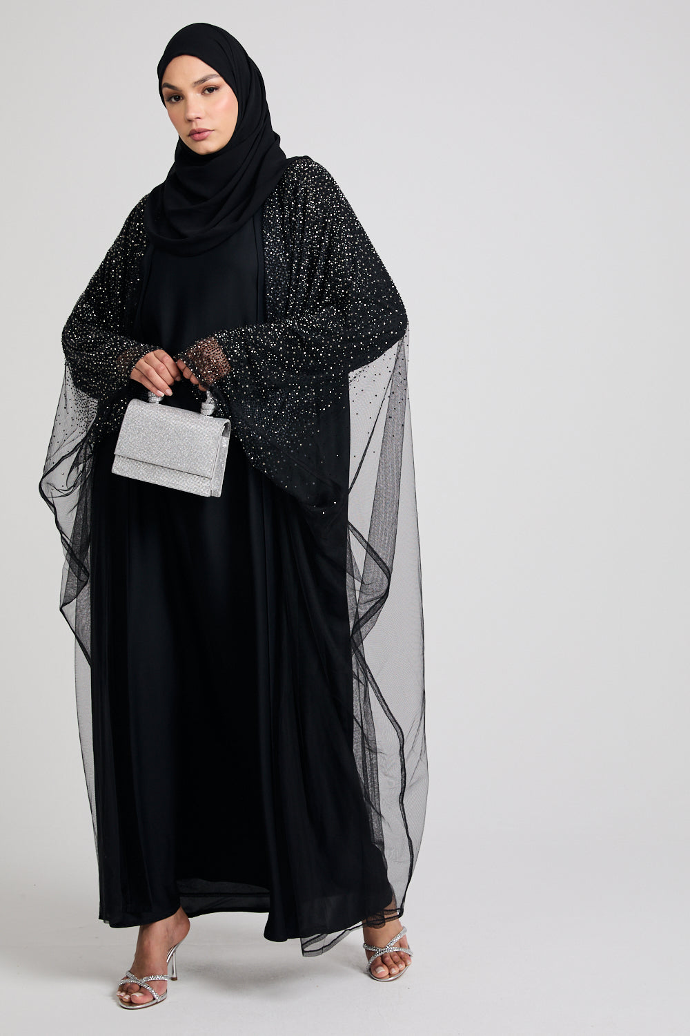 Luxury Three Piece Celestial Stardust Open Abaya Set - Black