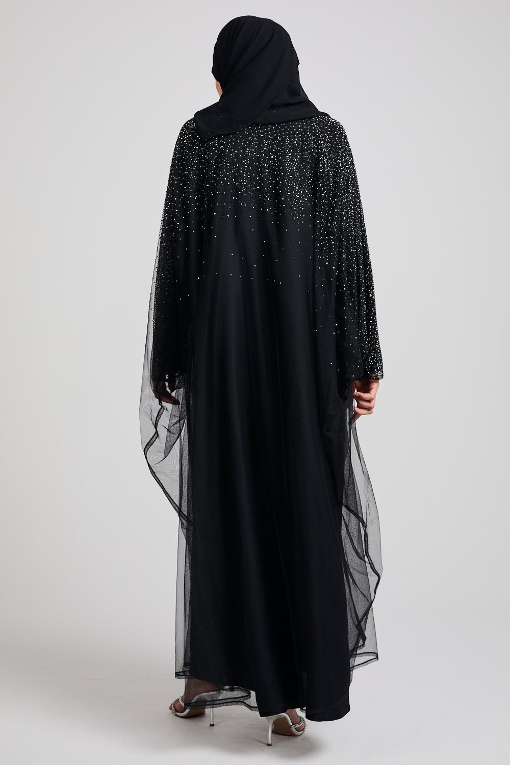 Luxury Three Piece Celestial Stardust Open Abaya Set - Black