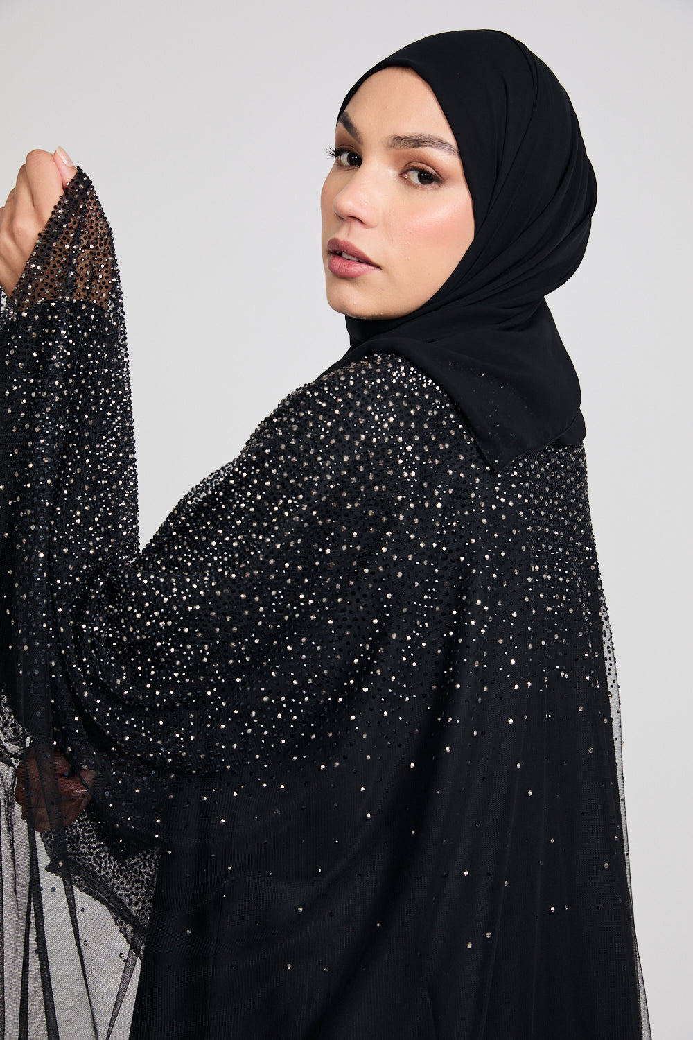 Luxury Three Piece Celestial Stardust Open Abaya Set - Black
