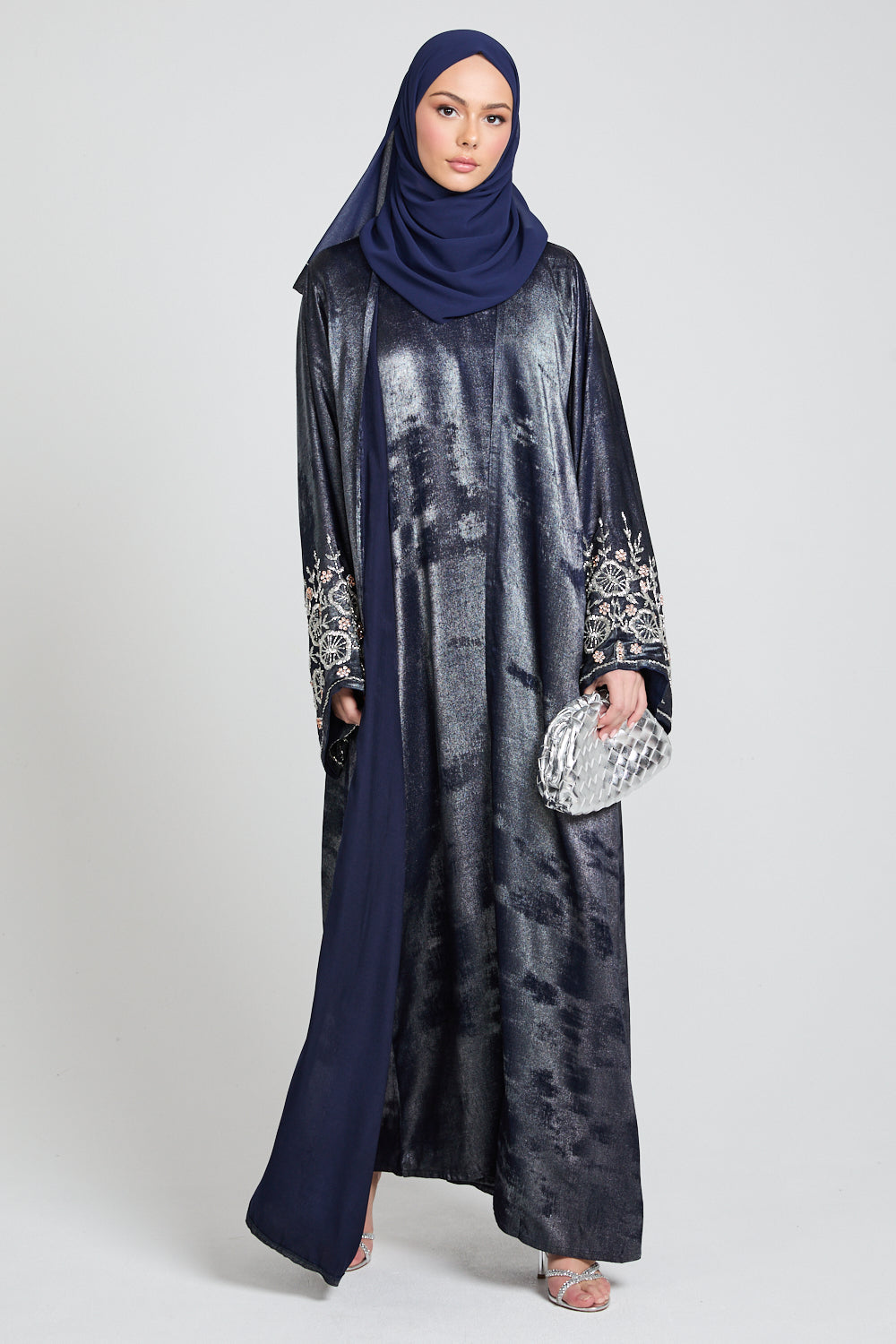 Luxury Four Piece Floral Embellished Cuff Open Abaya Set - Moonlit Sapphire