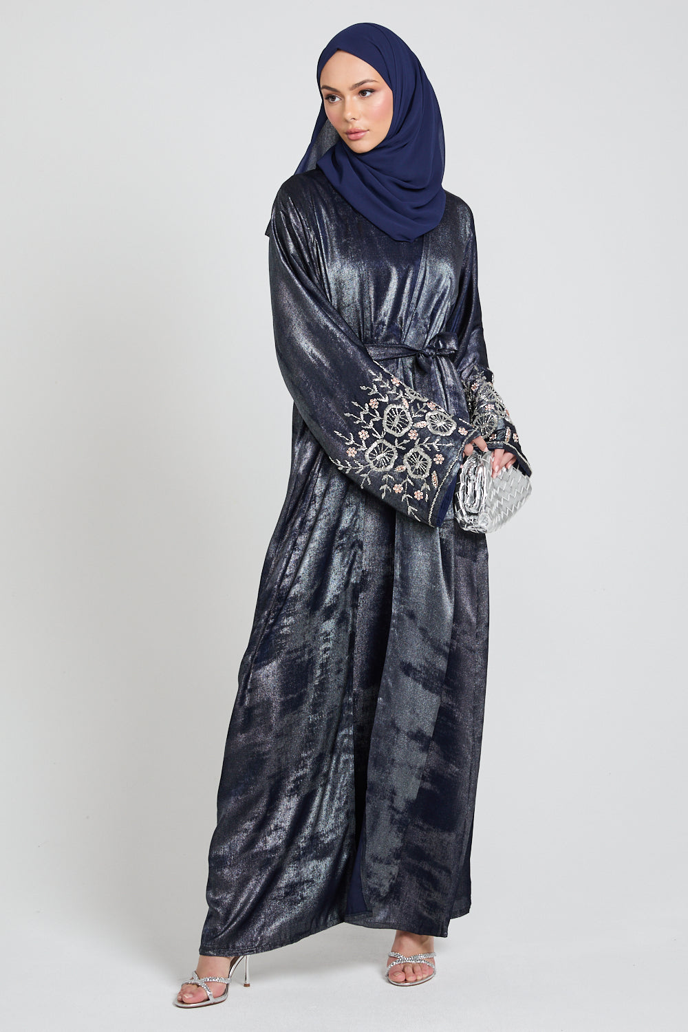 Luxury Four Piece Floral Embellished Cuff Open Abaya Set - Moonlit Sapphire