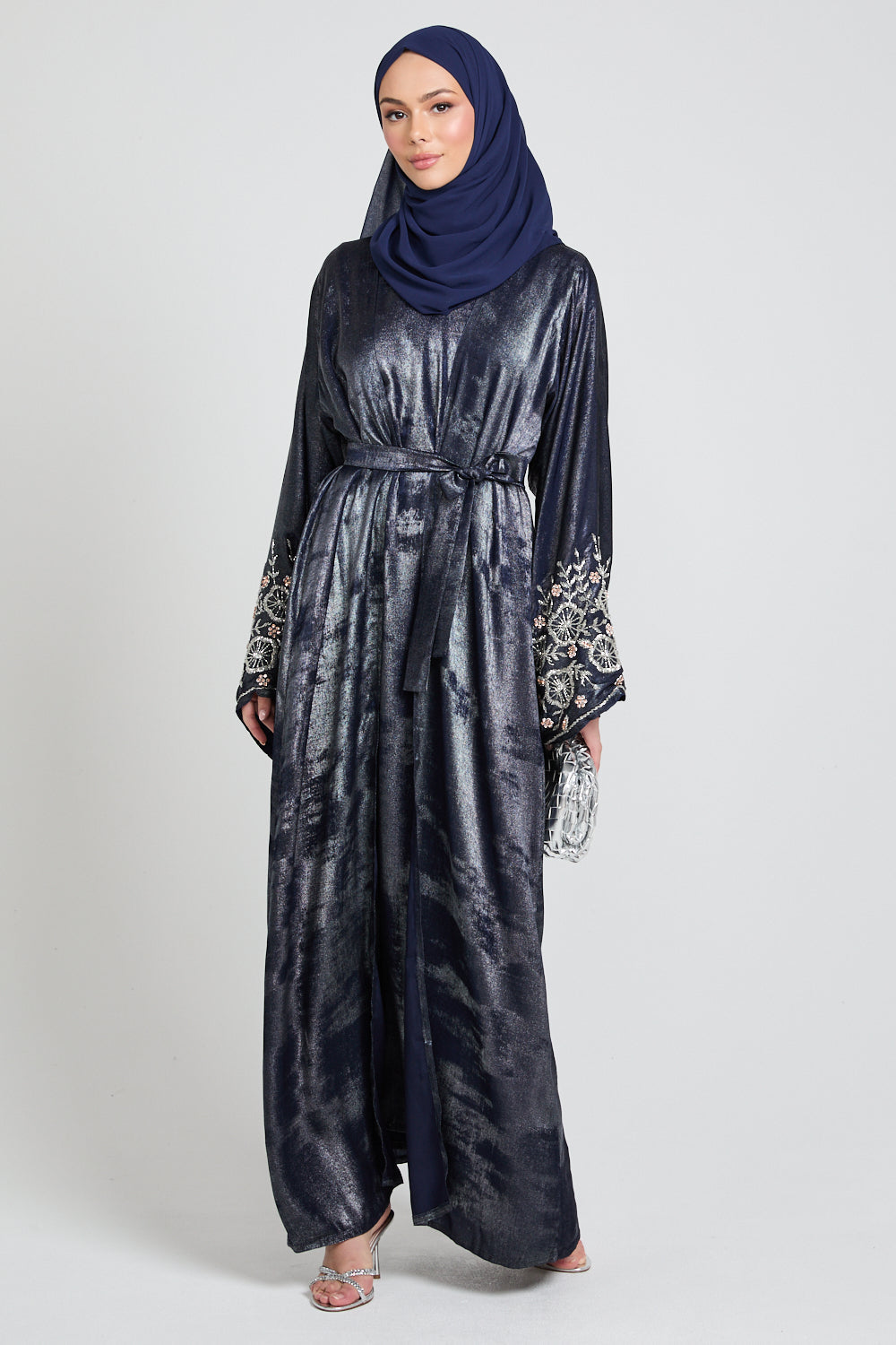 Luxury Four Piece Floral Embellished Cuff Open Abaya Set - Moonlit Sapphire