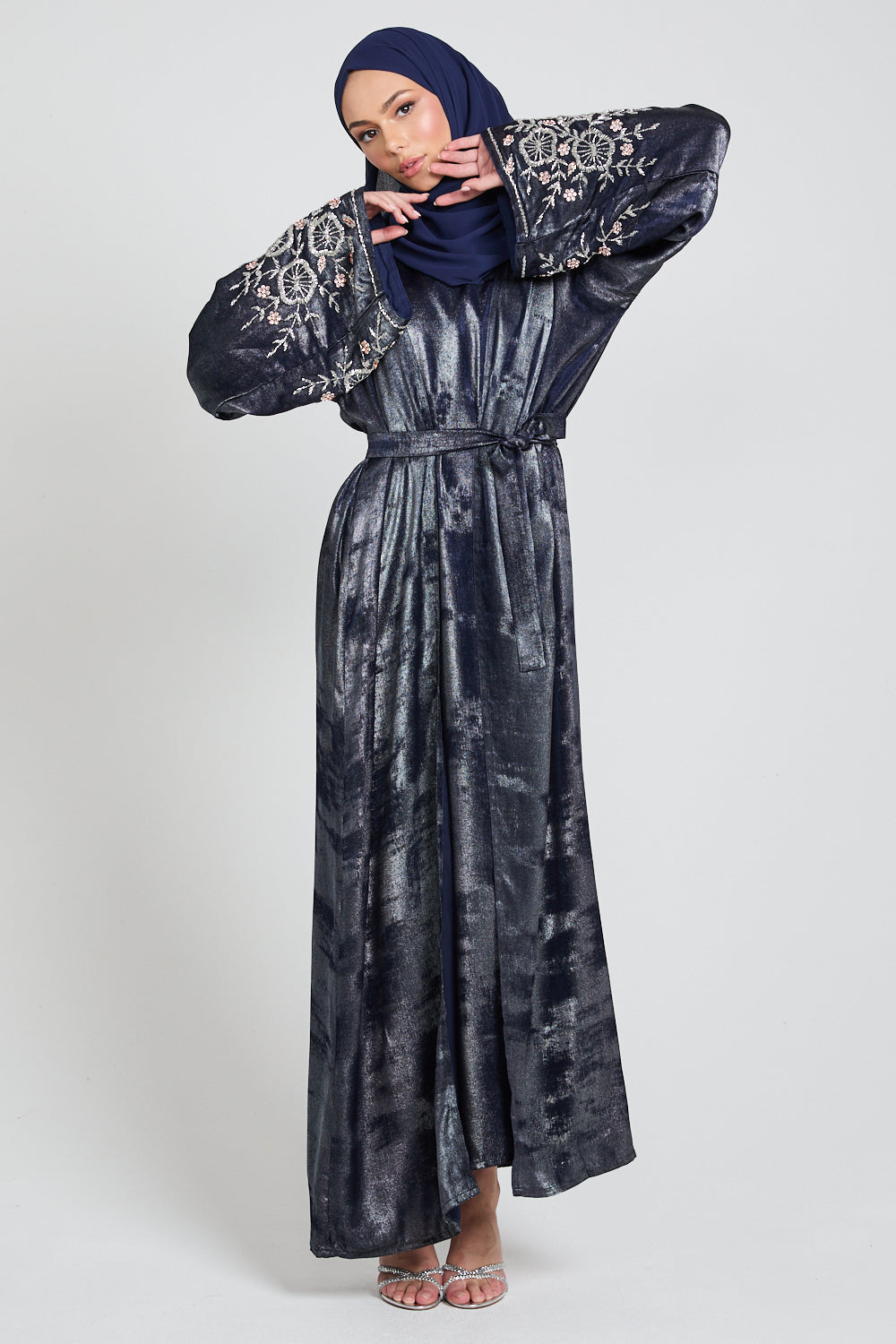 Luxury Four Piece Floral Embellished Cuff Open Abaya Set - Moonlit Sapphire