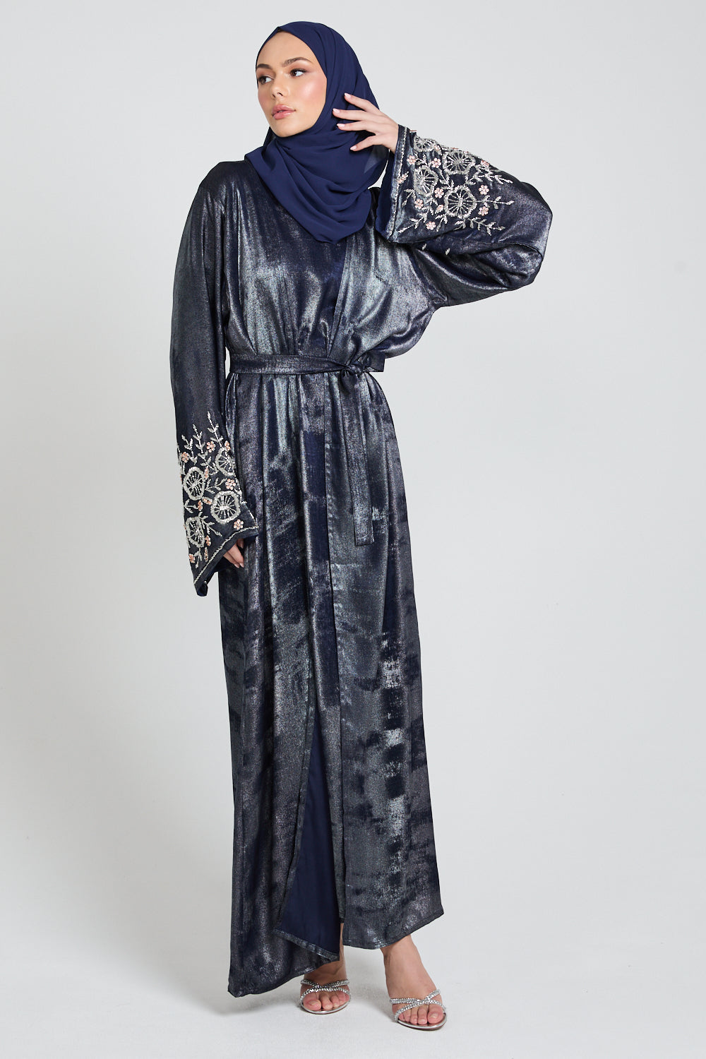 Luxury Four Piece Floral Embellished Cuff Open Abaya Set - Moonlit Sapphire