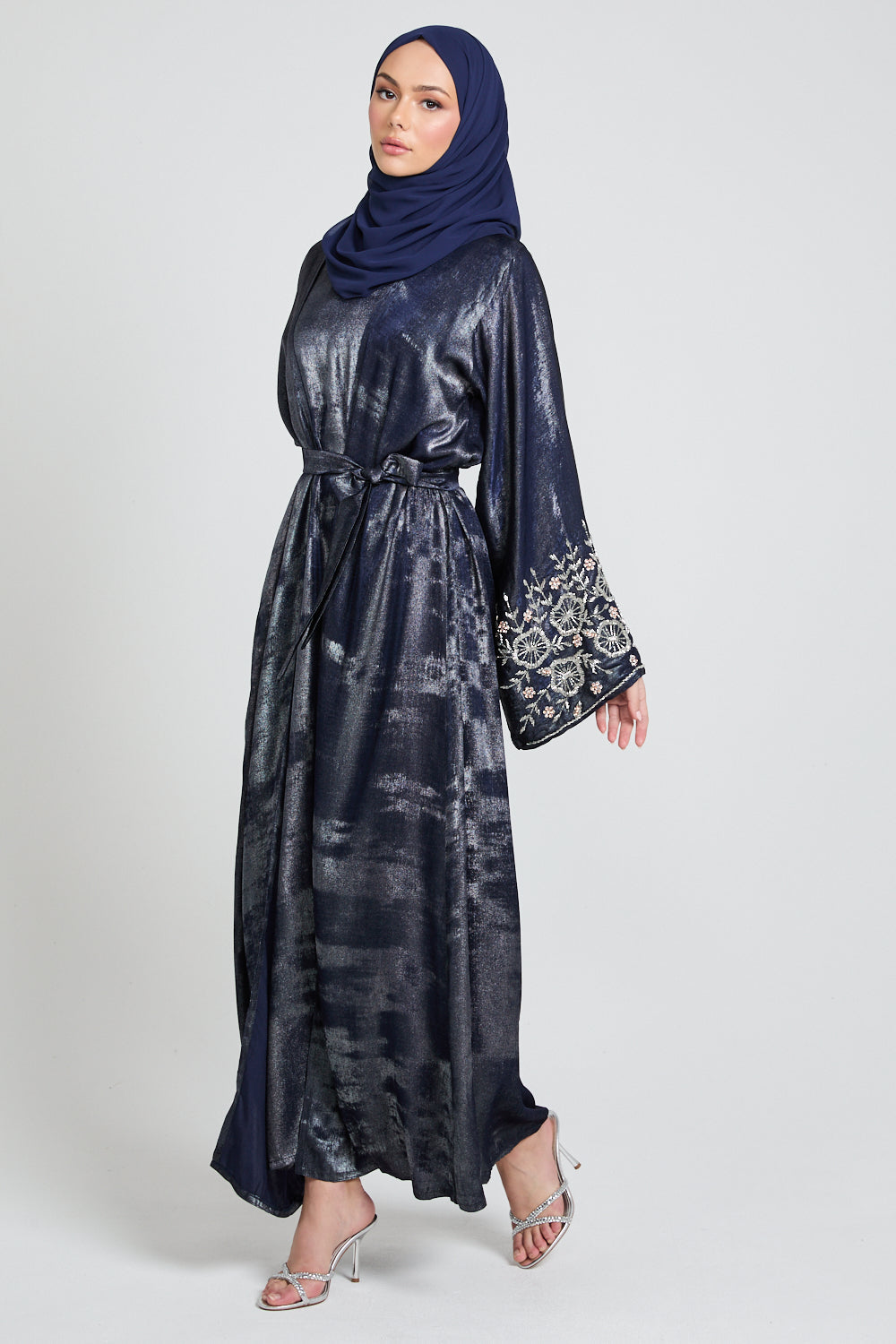 Luxury Four Piece Floral Embellished Cuff Open Abaya Set - Moonlit Sapphire
