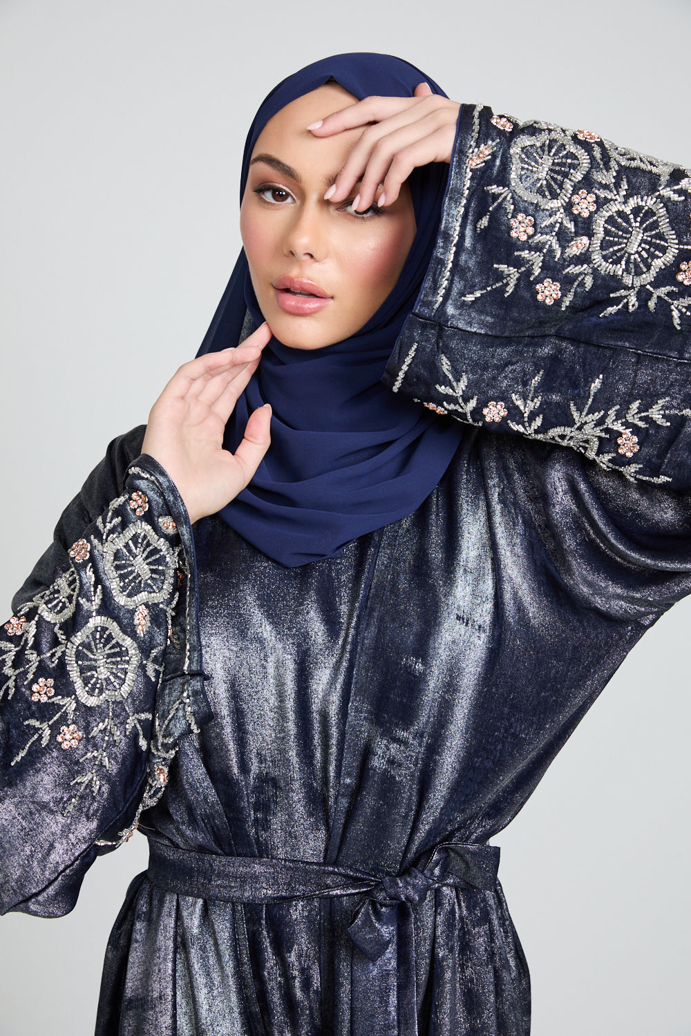 Luxury Four Piece Floral Embellished Cuff Open Abaya Set - Moonlit Sapphire