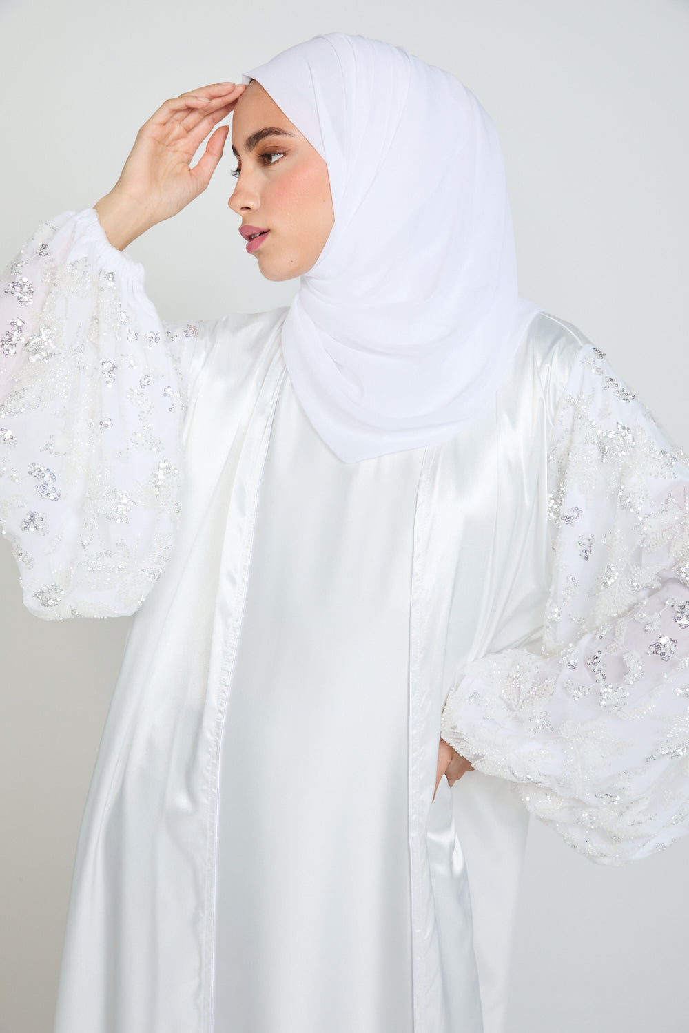 Luxury Satin Open Abaya with Embellished Balloon Sleeves - White