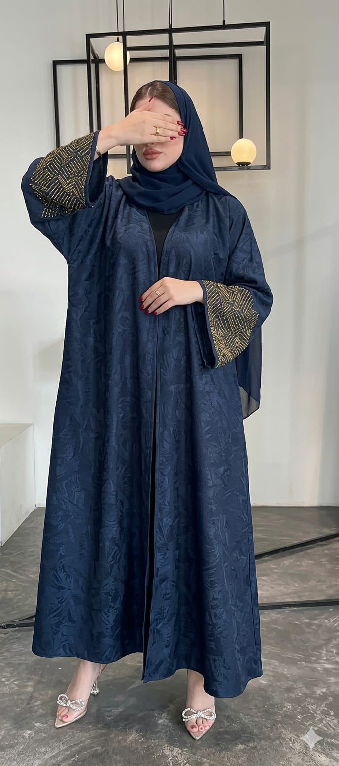 Textured Crepe Abaya with Gold Embellished Sleeves