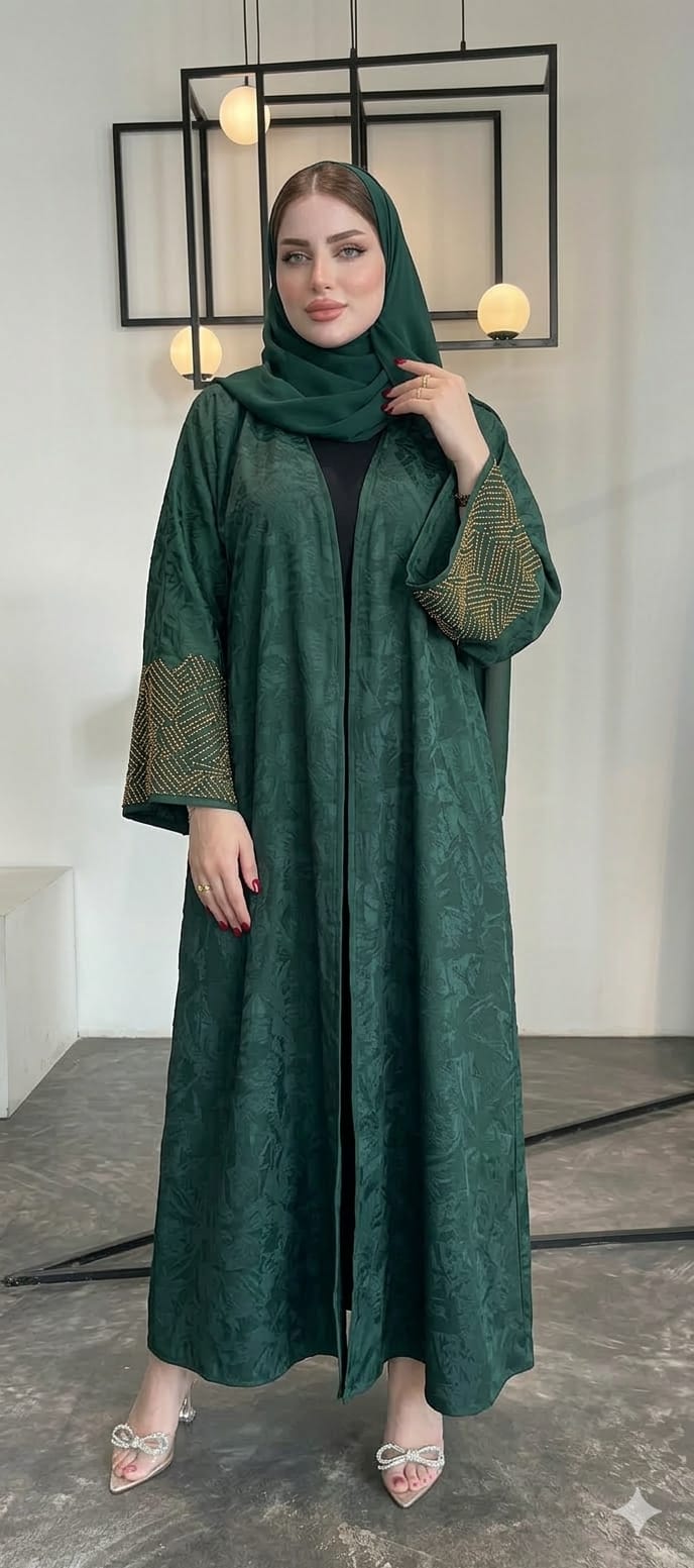 Textured Crepe Abaya with Gold Embellished Sleeves