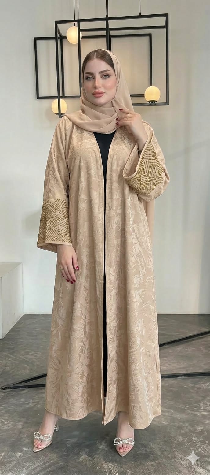 Textured Crepe Abaya with Gold Embellished Sleeves