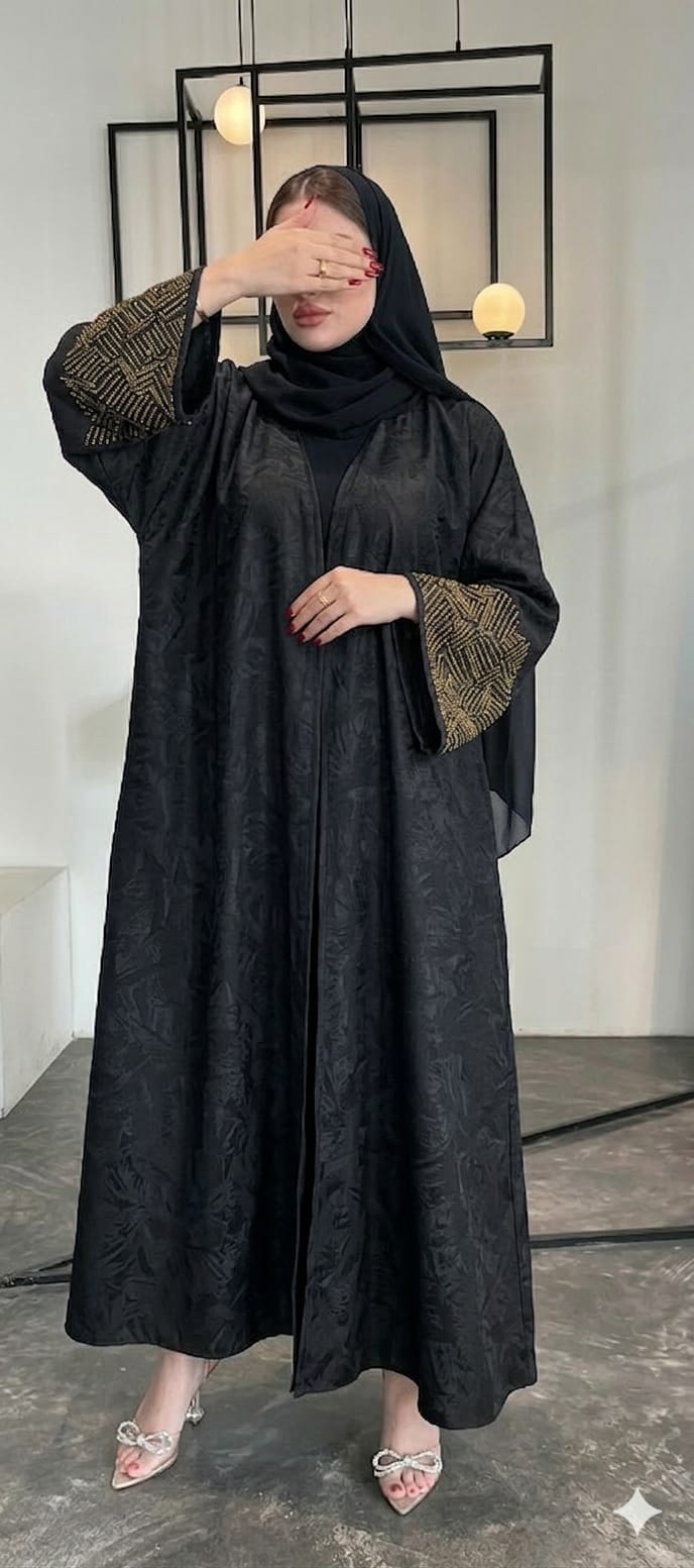 Textured Crepe Abaya with Gold Embellished Sleeves