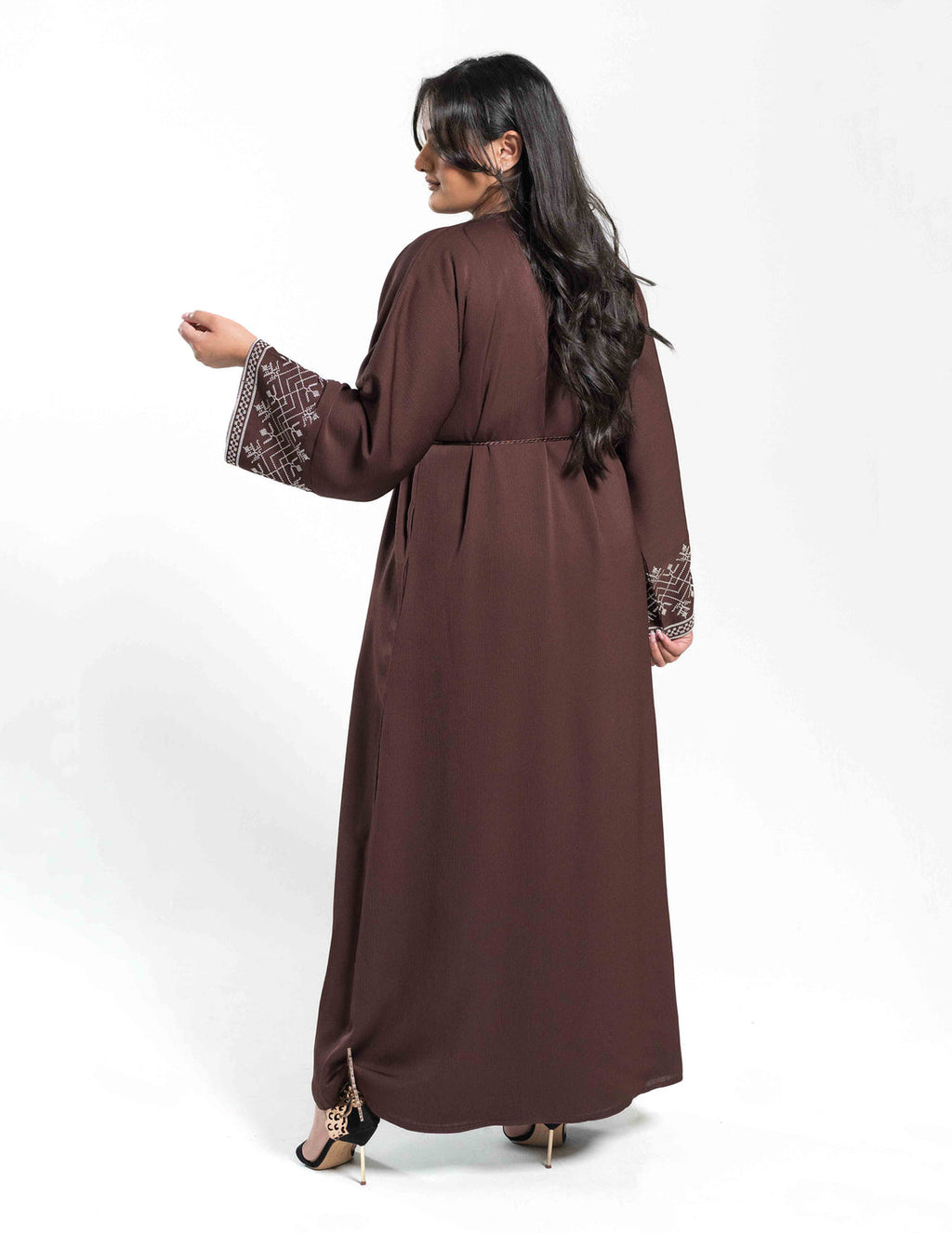 Open Brown Abaya with White Embroidery
