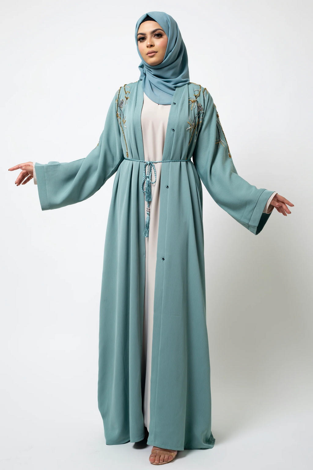 Luxury Sage Green Gold Embellished Abaya