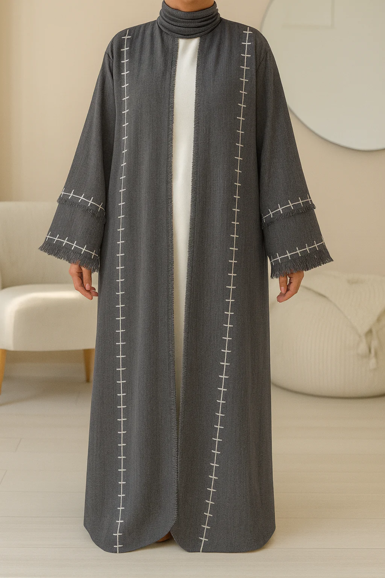 Grey Linen Blend Frayed Sleeve Open Abaya